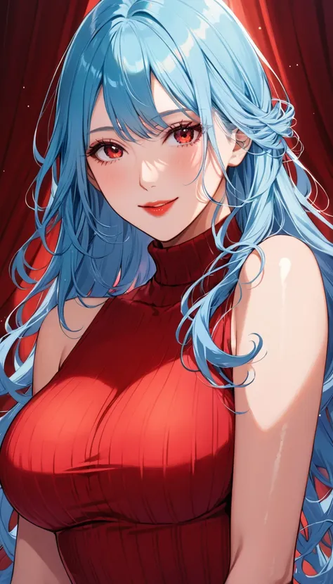 Best quality,masterpiece, Extremely delicate and beautiful,high resolution, 1 Girl,mature_lady
,Water Blue_hair, Long_hair, Beautiful detailed red eye,(cosmetic:1.2),Red lips,The light on your face,(Charming smile:1.2),(Busty:1.3),front shot,(red sleeveles...