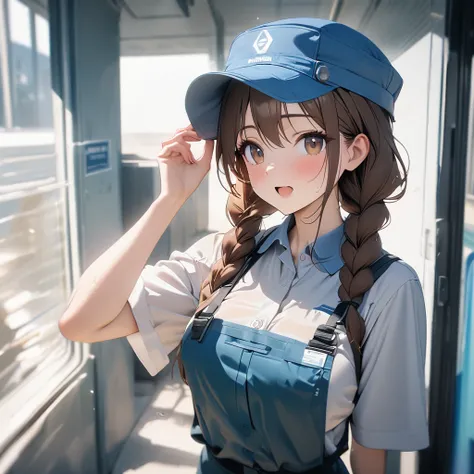 Top quality, masterpiece, high resolution, 8K, woman, brown hair, braids, water department, work cap, work clothes