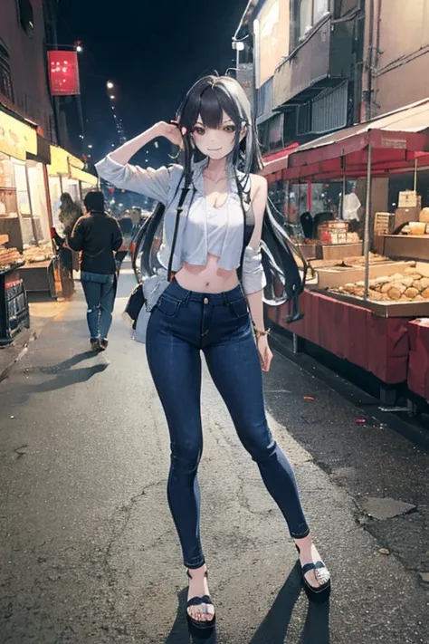 ((masterpiece))，(Detailed)，(whole body)，1girl，girl，low rise jeans，skinny jeans，Showing butt crack，Waist，Vest，cautious smile，Sexy，long hair，night market，sandals
