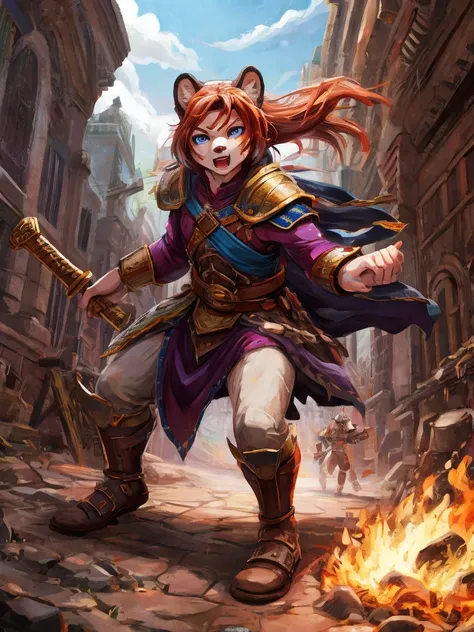 beastman adventure fantasy, battle scene , female leopard, warrior, slim , (muscular:0.8) , demonstration , low center of gravit...