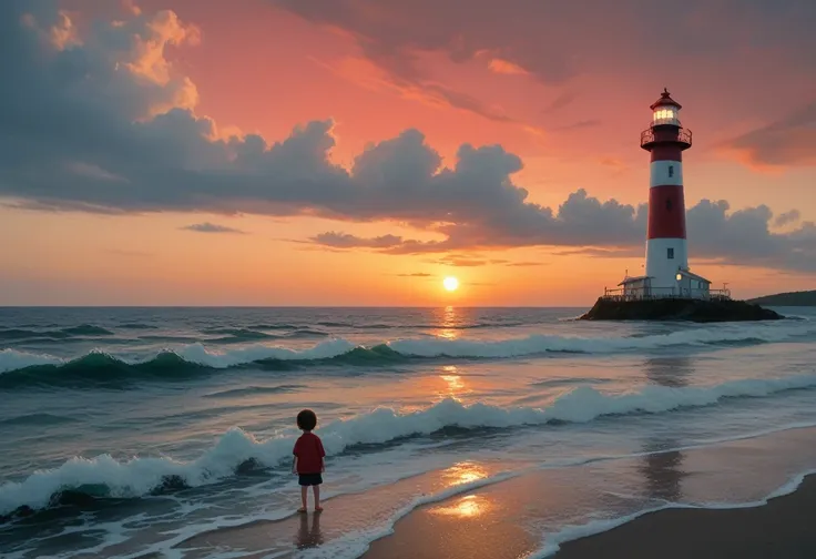 children-drawing, light color painting, lighthouse, red sunset sky, ocean waves, 灯りがついたlighthouse, reflective water surface, bac...