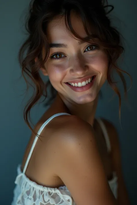 
the face of a woman mischievous smile with brown eyes, in the style of yigal ozeri, light navy and light gray, patrick demarchelier, alayna lemmer, focus on joints/connections, caravaggism, night light