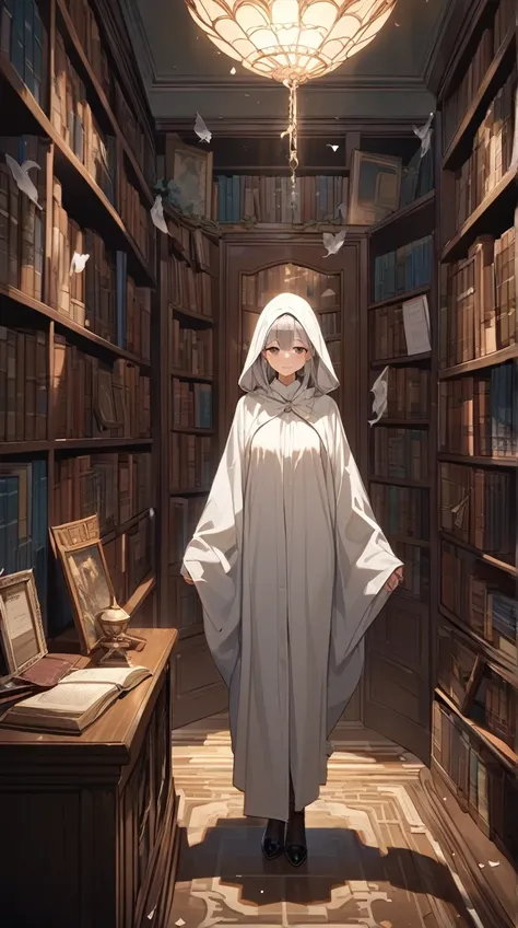 One Girl、Mysterious Smile、Long silver hair、Ghost Costume、Old book in hand、Elegant Posture BREAK Dimly Libraries、(Fantastic Light):1.3、Soft Shadows、Memories of the past、Mysterious Atmosphere BREAK Old Bookshelf、Floating Book、Quiet space、presence of ghosts、H...