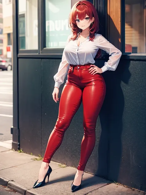 makima, thighs, full body, high heels, blouse, black jeans pants, wide hips