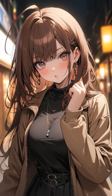 Characteristic,, , One girl, Ahoge, bangs, black skirt, black sweater, Blue Nail, Blurred, Blurred background, chest, Brown eyes, Brown Hair, brown jacket, Mouth closed, day付付き, day, Depth of written boundary, Earrings, eyelash, Raise your hand, Tilt your ...