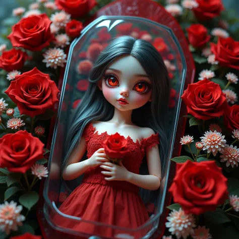 (Tiny) Beautiful Vampire Empress Lying Down in a Glass coffin that filled with colorful flowers, Buried in Colorful roses, Gypsophila, Beautiful Detailed Reflective Eyes, Innocent, brilliant Ruby, FullBody from DirectlyAbove, (((FullBody:1.28))), (Red Rose...