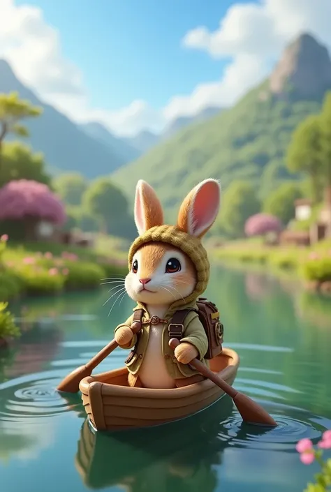 rabbit on a rowing adventure、Sylvanian Families、rabbit、cute、High resolution、Best Quality、fantasy world、Explorer Outfit、