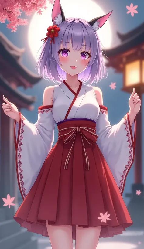 (best quality:1.4), highres, masterpiece,, 1girl,, light purple hair, purple eyes, (kemomimi), medium breasts, bare slim thigh,, hair ornament, (red|white Japanese miko clothes), detached sleeves,, blush,, lantern, shrine,, detailed face,