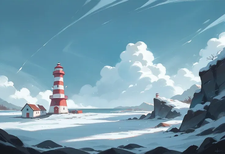 light color painting, lighthouse, snow scene, cold wind, surrounded by white, frozen sea, warm light, a clear, cold sky