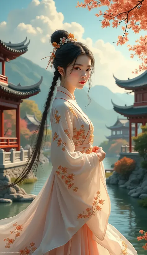 a beauty girl ,wear gorgeous hanfu, Chinese style buildings, landscape