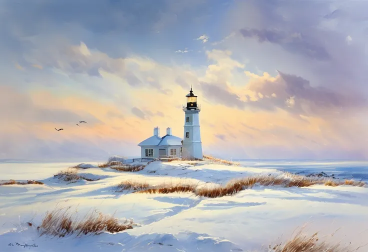 light color painting, lighthouse, snow scene, cold wind, surrounded by white, frozen sea, warm light, a clear, cold sky