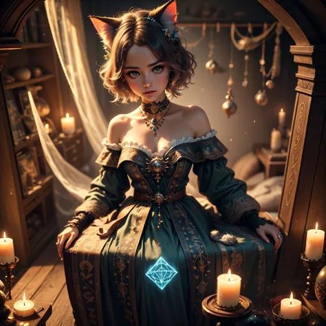 A magical girl with cat features, summoning dark forces, intricate fantasy background, (best quality,4k,8k,highres,masterpiece:1.2),ultra-detailed,(realistic,photorealistic,photo-realistic:1.37),exquisite details, dramatic lighting, dark moody atmosphere, ...