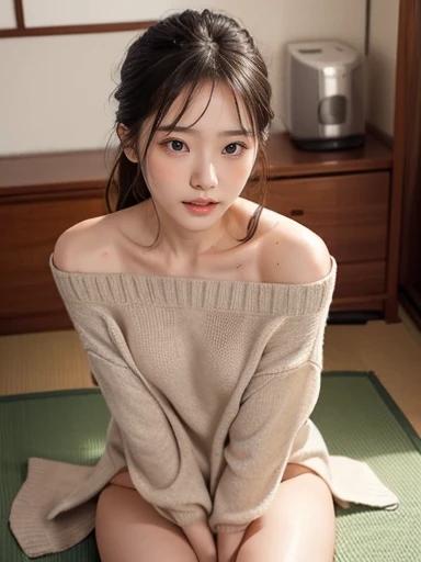 Fearful expression, (Fearful expression), ((Fearful expression)), (((Fearful expression))), Off-the-shoulder sweater,((())),No makeup,High resolution,Professional photography,High resolution,Small breasts,,slim, Japanese-style roomのtatamiの上, Japanese-style...