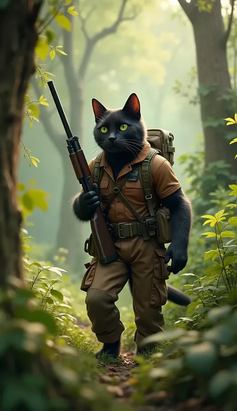 A wide shot of an anthropomorphic black cat with a muscular build, dressed in a brown hunter outfit and hunting gear, carefully navigating through a dense forest. The cat holds a rifle, his posture cautious and focused as he scans the surrounding area. Tow...