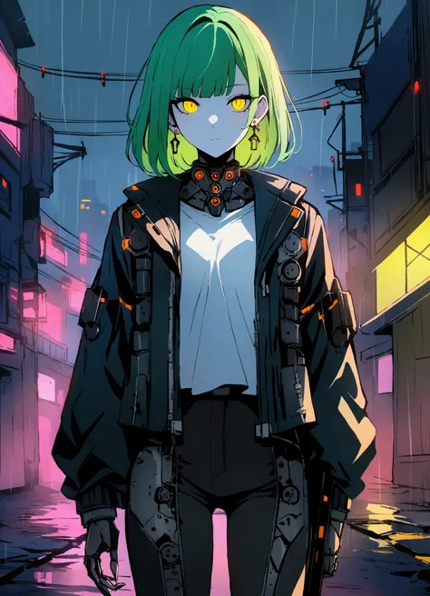 score_9, score_8_up, score_7_up, 0ddb0t, mechanical_parts, cowboy shot, solo, 1girl, pale skin, green hair, medium hair, bangs, yellow eyes, glowing eyes, black jacket, open jacket, white shirt, black pants, earrings, metal gloves, outdoors, rain, cyberpun...