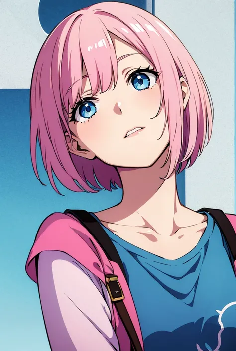 casual,high quality, Odd Eye,solo, Character Design, Short Hair,blue eyes, Pink Hair