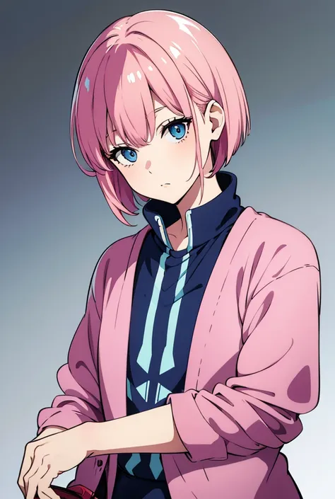 casual,high quality, Odd Eye,solo, Character Design, Short Hair,blue eyes, Pink Hair