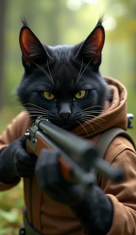 "A close-up shot of an anthropomorphic black cat with a muscular physique, dressed in a brown hunter outfit, as he spots a target nearby. His intense, narrowed eyes focus sharply, while his finger hovers over the trigger of his rifle. He takes a deep, cont...