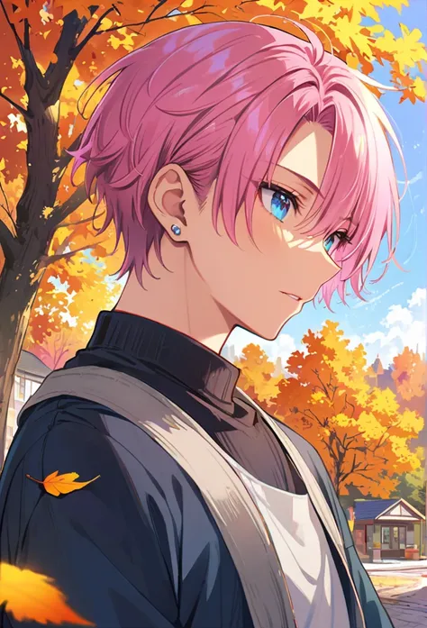  1 male, thin, young,Detailed eyes and face, Fade Cut,Pink Hair,blue eyes,autumn,Earrings