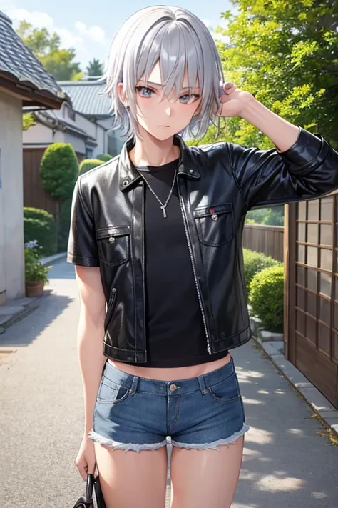 Silver-haired pretty boy　１５Year old boy　Street gangs　Denim mini shorts　Short T-shirt　Leather jacket open front　　Japanese countryside house　When I entered the house through the front door　Bad mood　I want to go back to the city　Abdominal muscles　