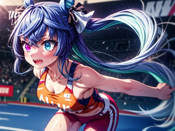 (masterpiece, best quality:1.2),Twin_turbo_Uma Musume, aqua hair, twintails, heterochromia, purple eyes, blue eyes, sharp teeth, high quality, detailed shiny skin, detailed beautiful hair, detailed beautiful eyes, detailed clothes, (high resolusion:1.2), 4...