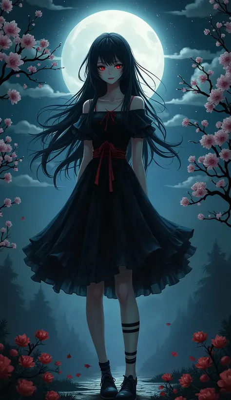 masterpiece, best quality, detailed, 1girl, solo, night sky, outdoors, full moon, stars, clouds, night,,  dark sakura, (black dress), long hair, evil smile, red ribbon, striped, thighs