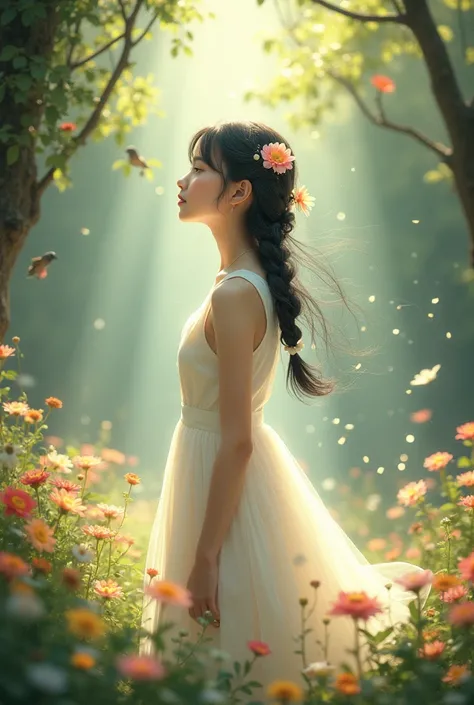 A god bathed in sunlight in a fantastical forest々A beautiful young girl sings a hymn with the birds, and the flowers bloom all at once.　Japanese junior high school girls　Sleeveless white dress　Her long, delicate, jet black hair is braided on the side and h...