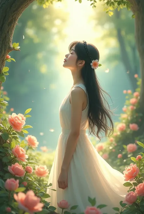 A god bathed in sunlight in a fantastical forest々A beautiful young girl sings a hymn with the birds, and the flowers bloom all at once.　Japanese junior high school girls　Sleeveless white dress　Her long, delicate, jet black hair is braided on the side and h...