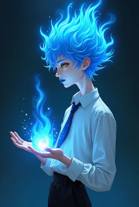 Blue glowing flaming hair。Golden eyes like the full moon。A nervous and delicate beautiful boy。Pale skin。Blue Lips。Blue eyeshadow。White blouse。Sapphire Bolo Tie。Black Pants。White。Slender。delicate。
In the Dark、Blue magical power flickers from the palm of his...