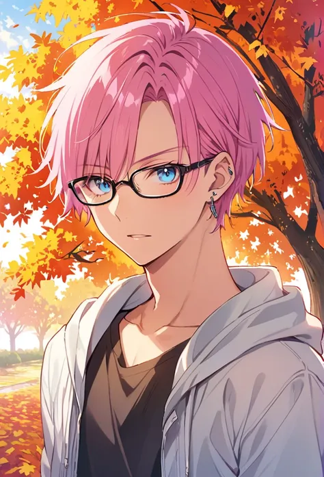  1 male, thin, young,Detailed eyes and face, Fade Cut,Pink Hair,blue eyes,autumn,Earrings,Glasses