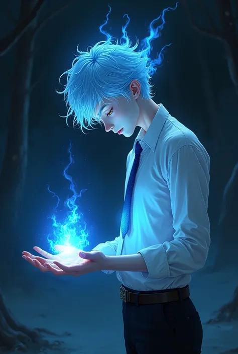 Blue glowing flaming hair。Golden eyes like the full moon。A nervous and delicate beautiful boy。Pale skin。Blue Lips。Blue eyeshadow。White blouse。Sapphire Bolo Tie。Black Pants。White。Slender。delicate。Downcast eyes。Unfortunate。Fleeting。Mysterious。Seems servile。A...