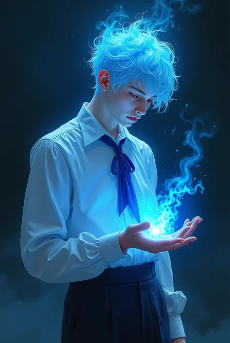 Blue glowing flaming hair。Golden eyes like the full moon。A nervous and delicate beautiful boy。Pale skin。Blue Lips。Blue eyeshadow。White blouse。Sapphire Bolo Tie。Black Pants。White。Slender。delicate。Downcast eyes。Unfortunate。Fleeting。Mysterious。Seems servile。A...