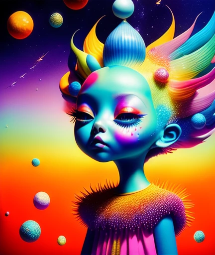 Color Pop Style, Photo photo portrait of the sun surrounded by satellites of orbiting planets, blonde spiky hair, Make me jealous, Mark Ryden, Alberto Seveso, Brooke Shade, anna dittman, Flora Borsi, 8k resolution, Perfect composition, milky way, Rainbow-c...