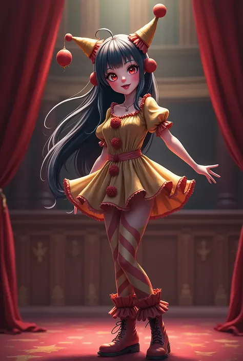 anime人, with beautiful detailed eyes, Beautiful detailed lips, Highly detailed eyes and face, Long eyelashes, Long black hair, Wearing a clown costume, Circus clothing, Highly detailed clothing, Narrow waist, High Boots, whole body,  Dramatic Pose, Epic po...