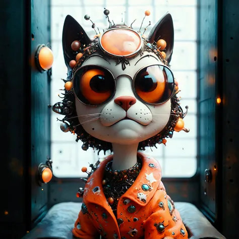 a cute cat wearing 1960s mid-century space-age fashion, portrait photography, fluorescent orange shade, 1960s style lounge coat and sunglasses, beautiful detailed eyes, beautiful detailed lips, extremely detailed eyes and face, long eyelashes, portrait, in...