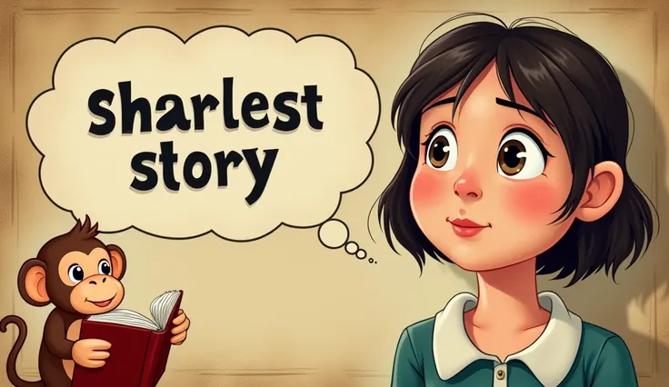 Create a YouTube thumbnail for an English learning channel with a vintage book page background. On the right side, place a thoughtful image of  girl . On the left side, add a cute cartoon monkey reading or holding a book, with a curious expression. Overlay...