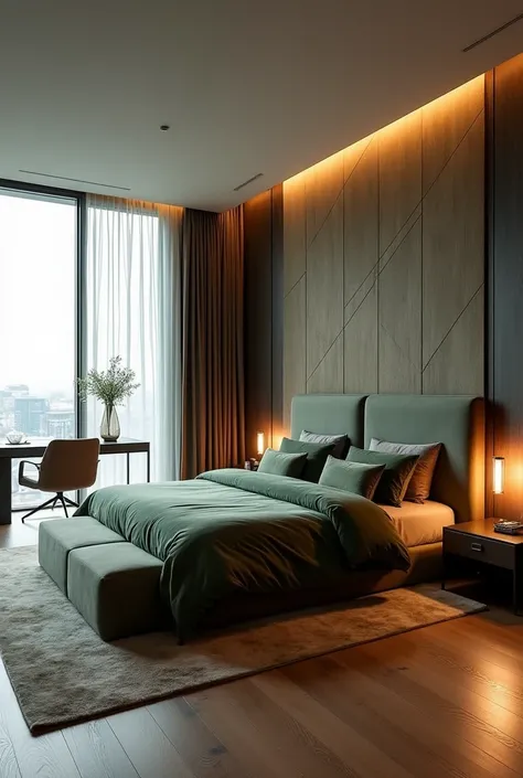 "Create a modern, luxurious bedroom with a minimalist design. The room features a king-size bed with plush, velvet bedding in muted green tones. The headboard is large, padded, and upholstered in dark, soft fabric, complemented by an accent wall with a geo...