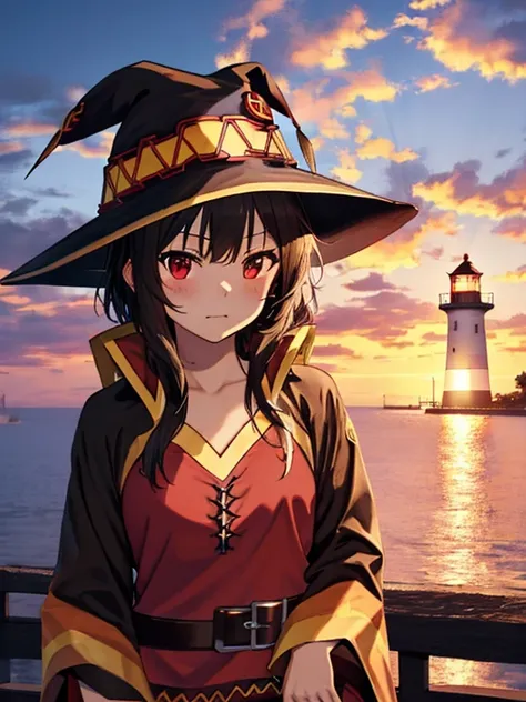 Lighthouse, masterpiece, (Megumin), UHD, retina, masterpiece, accurate, anatomically correct, textured skin, super detail, high details, high quality, best quality, highres, 8k