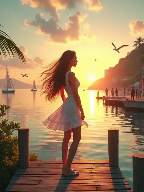 1 girl, beautiful woman, shy expression, standing on
pier, long hair blowing in wind, serene summer pier
backdrop, stunning coastal scene, sunset at beach
warm golden light, calm ocean waves, distant sailboats,
flying seagulls, wooden dock, lush greenery, ...