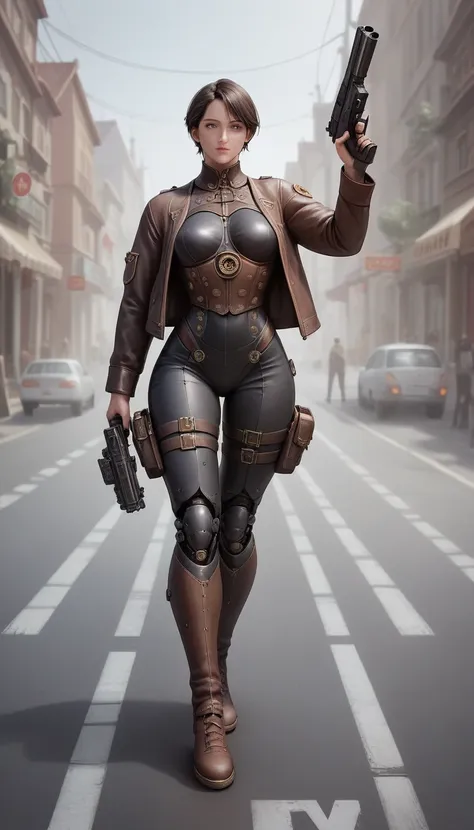 they are two robots walking down the street with guns., detailed cinematic photography, steampunk digital art, big studio vfx, t...