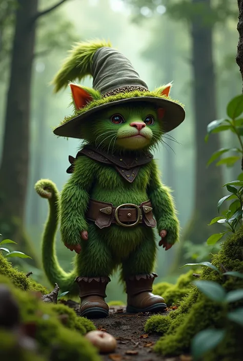 A green forest troll with a cats face. Boots on his feet, a belt on his waist, a sharp high hat. Realistic image. Cinematic effect, ultra high quality, soft light, soft shadows, 16K