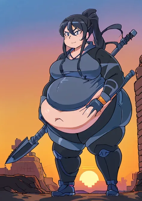 ((best quality, 4k, 8k, anime girl, masterpiece)), ((((beautiful extremely detailed face)))), (((beautiful eyes, gray eyes, tsurime))), cinematic lighting, ((perfect anatomy)), (((chubby, SSBBW, big breasts, extremely wide belly, (smooth belly, round belly...