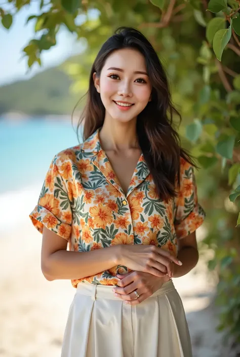 She is wearing a floral Hawaiian shirt., White Skirt。Her posture is々、Look forward, Place your hands together lightly in front of your stomach.、Standing smiling, Create a cozy atmosphere。The facial expression is warm and professional。Sharp details、High-qual...