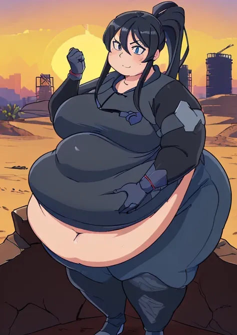 ((best quality, 4k, 8k, anime girl, masterpiece)), ((((beautiful extremely detailed face)))), (((beautiful eyes, gray eyes, tsurime))), cinematic lighting, ((perfect anatomy)), (((chubby, SSBBW, big breasts, extremely wide belly, (smooth belly, round belly...