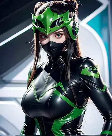 A female green monster, green monster suit, as she monster , full body , helmet mask, high detailed, realistic, gloves, ultra realistic, ((full face helmet)), black shield sunglasses on eyes, smart black sunglasses 