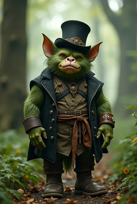 A fat green forest troll with a cats face. He has boots on his feet, a belt around his waist, and a tall top hat on his head. Realistic image. Cinematic effect, ultra-high quality, soft light, soft shadows, 16