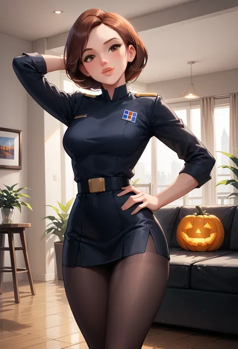 score_9, score_8_up, score_7_up, 1girl, solo, (Helen Parr, short hair, generous and heavy breasts, slender waist,:1.4), wearing (sexy Star Wars Imperial officer wearing a (black) uniform, short skirt, tights:1.5), naturally curved, muscular thighs, fesses ...