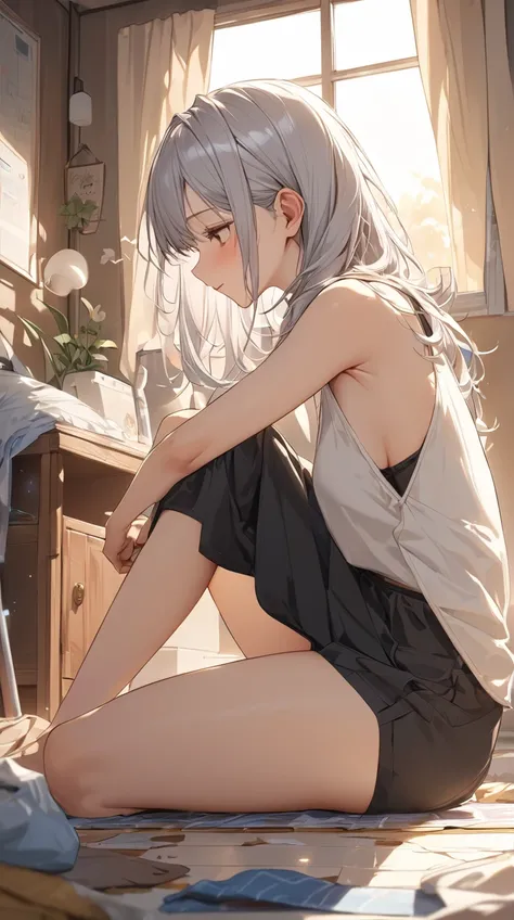 One Girl、A happy look、Long silver hair、Changing into casual clothes、Relaxed posture BREAK Home room、(Soft Light):1.3、Messy floor、Cozy atmosphere BREAK Clothes on the floor、With music playing、Heartwarming scene、Freedom to change clothes、absurdres, highres, ...