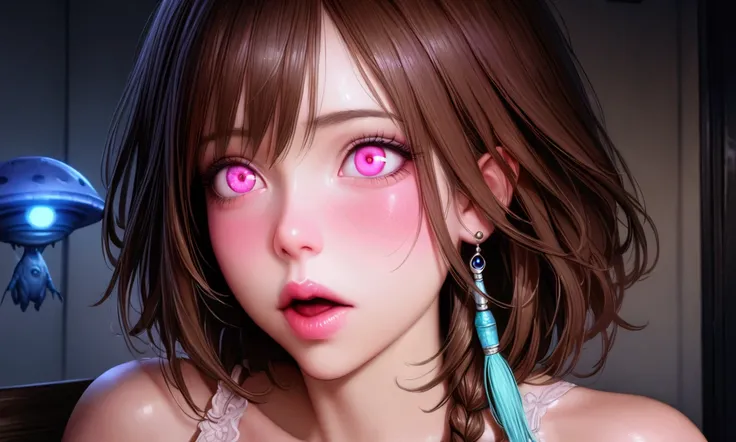 cute yuna, 25 years old, wearing lingerie, sleepy expression, in spotlight, yelling at alien beings in backyard, ufo shining light on her, backyard at night, ultra-detailed, 8k, photorealistic, masterpiece, highly detailed, dramatic lighting, cinematic, gl...