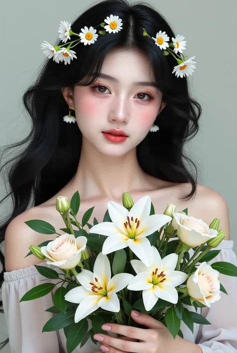 1girl, bare shoulders, black hair, bouquet, closed mouth, daisy, earrings, flower, flower wreath, hair flower, hair ornament, he...